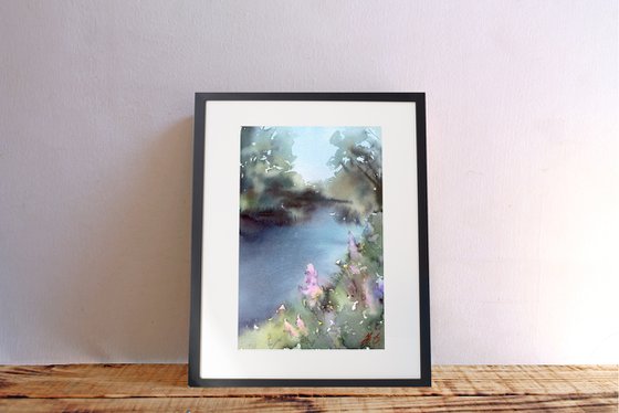 River in the forest, Purple flowers and water in summer