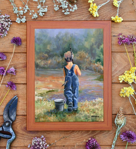 Boy fishing oil painting, 'Happy summer days'.