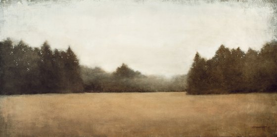 Distant Trees 210404, Tonal landscape and trees impressionist oil painting