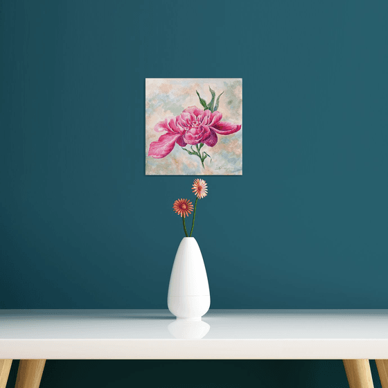 Watercolor peony - a cozy painting - botanical bright accents with bright purple-red flower