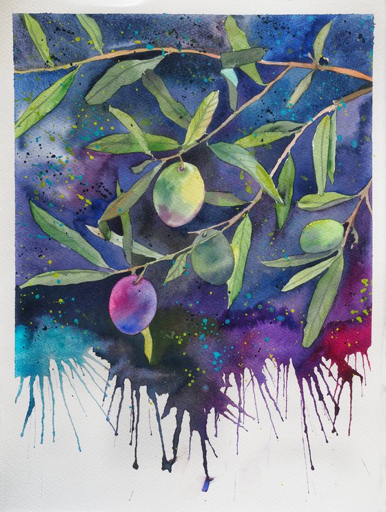 Olives on a dark background - original watercolor, falling paint