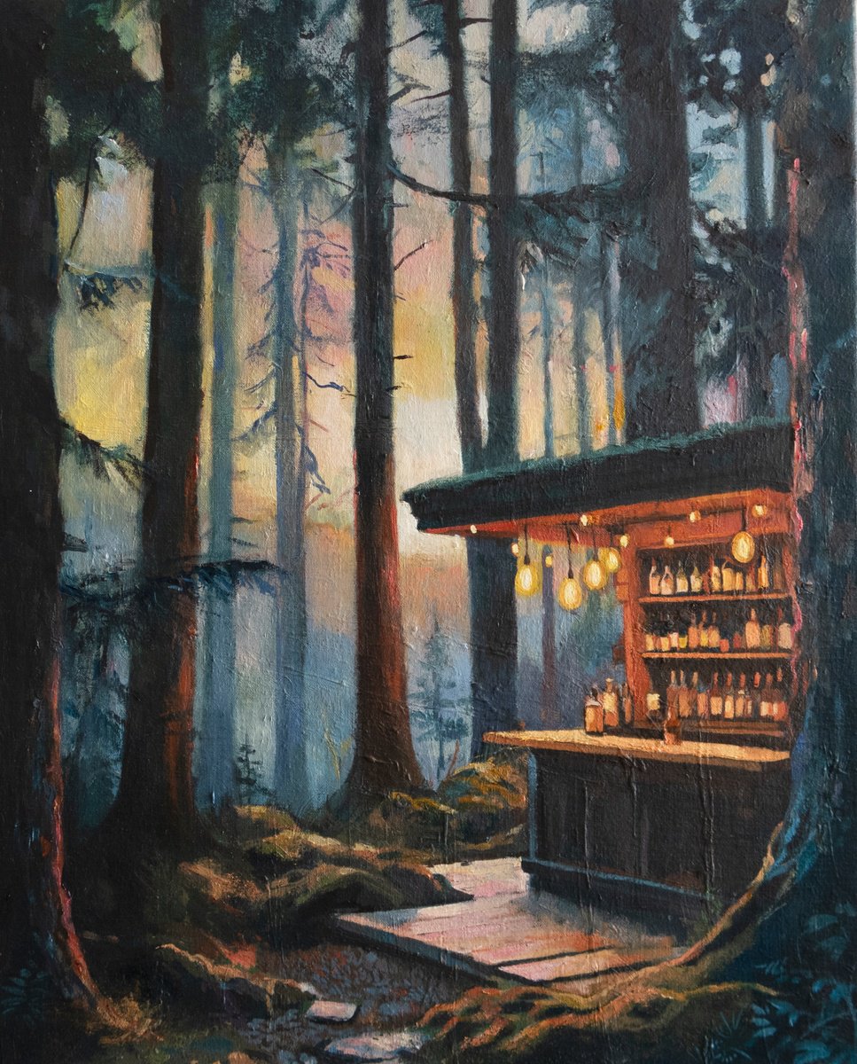 Impressionistic Landscape Oil Painting By Roeland Kneepkens, 16 X 20", My Favorite Cafe Ii, Original Artwork