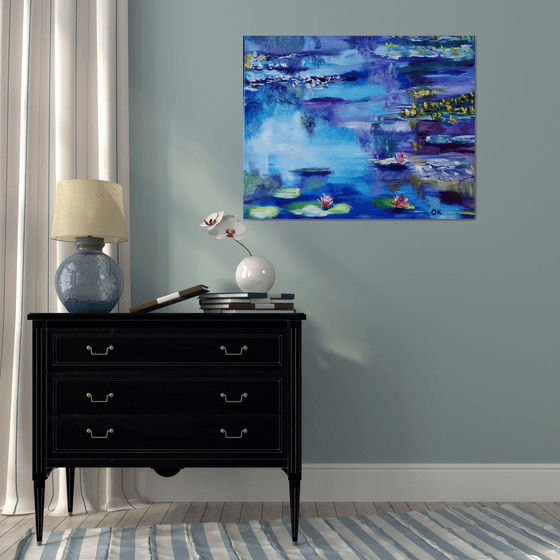 Water Lilies  92 x 76 x 2 cm inspired by Claude Monet  water reflections, purple, turquoise, blue sky