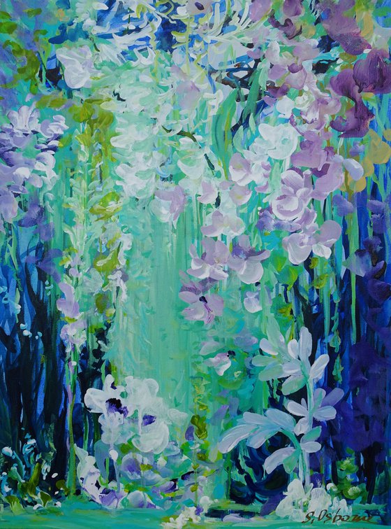 Abstract Tropical Flowers. Floral Garden. Magic Garden. Abstract Blue Floral Original Painting on Canvas 46x61cm Modern Art