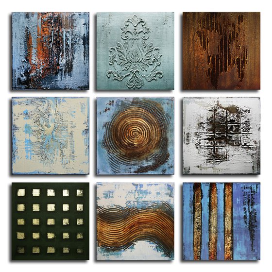 ILLUSIONS - 90 X 90 CMS - ABSTRACT TEXTURED ARTWORK - INDUSTRIAL DESIGN - NINE PARTS