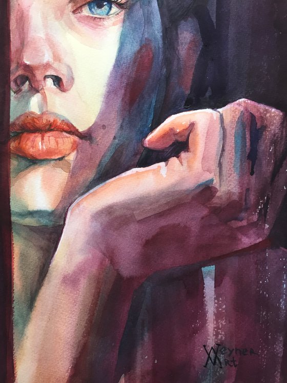 Female portrait. Riddles and shadows. Original watercolor.