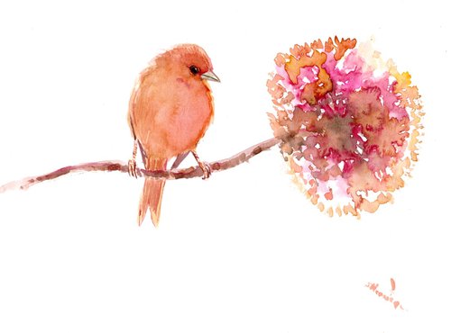 Peach Canary Bird and Flower by Suren Nersisyan
