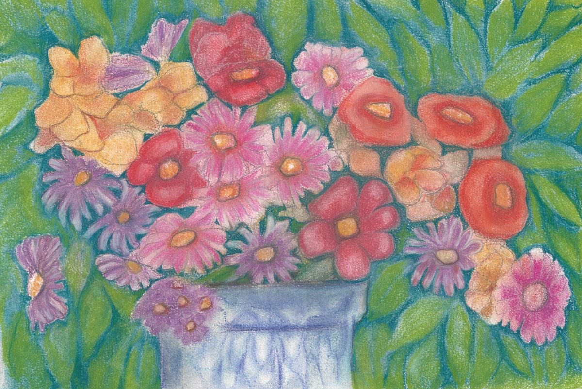 Flowers in a Blue Vase Pastel Drawing on Paper by Charlotte Williams