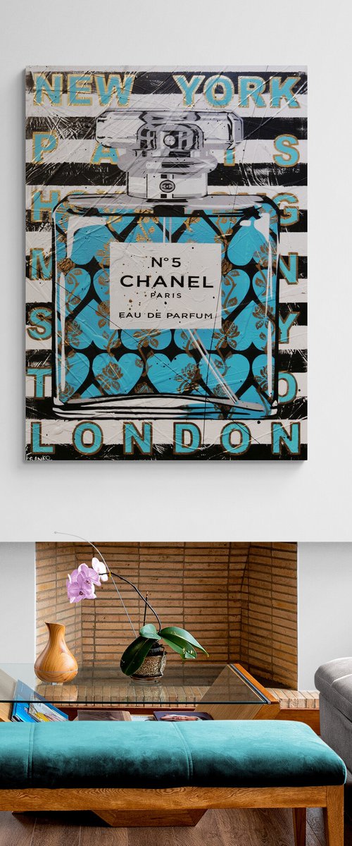 Teal Classic No 5 140cm x 100cm Chanel Perfume Bottle Textured Urban Pop Art by Franko
