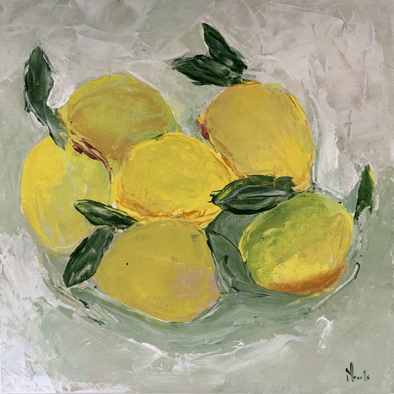 Still life bright lemons fruits palette knife