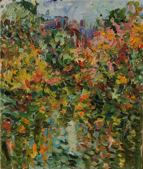 AUTUMN IN MOSCOW - landscape, original oil painting, nature green trees and plants by Karakhan