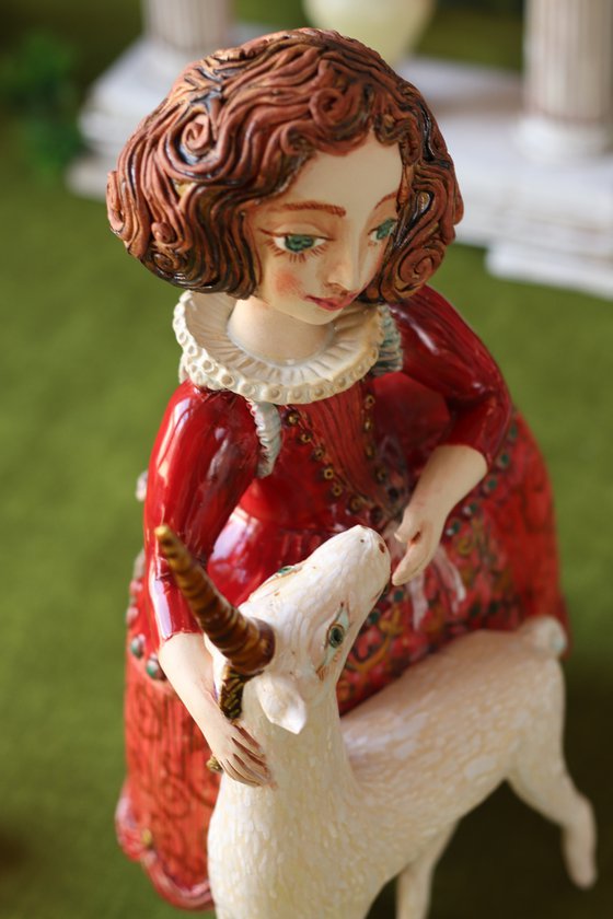 Infanta with a unicorn. Ceramic sculpture