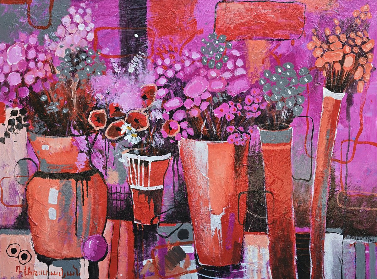 Abstract Botanical Acrylic Painting By Davit Arstamyan, 31 X 24, Pink Floral Symphony, Original Artwork