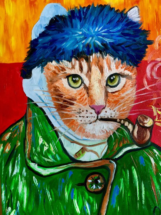 Cat La Van Gogh. Version of famous self portrait of Vincent Van Gogh with a pipe and missing ear