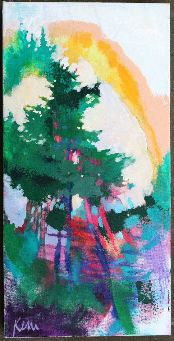 Sunbeam Bridge 12x24" Colorful Abstract Forest Scene on Canvas