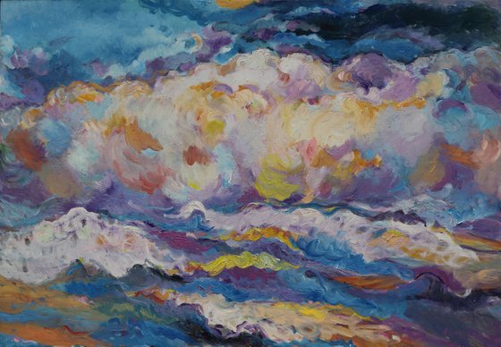 CLOUDS OVER THE CASPEAN SEA - large original impressionistic painting, blue sky landscape, skyscape cloudscape