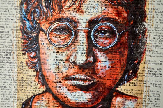 John Lennon - Collage Art on Large Real English Dictionary Vintage Book Page