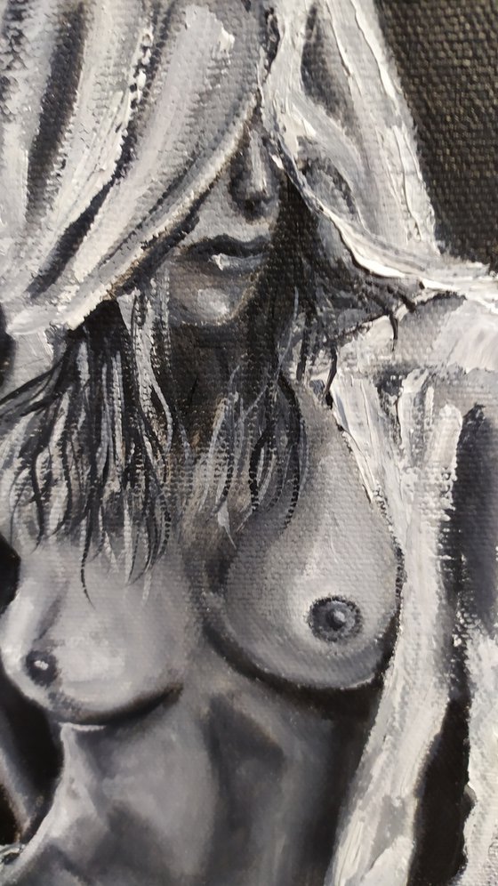 In the hood, nude erotic gestural oil painting, gift, black and white painting