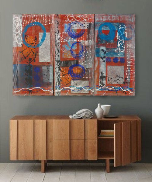 mid century modern art A221 set of 3 abstract large paintings 100x150x2 cm  original acrylic on stretched canvas by Ksavera