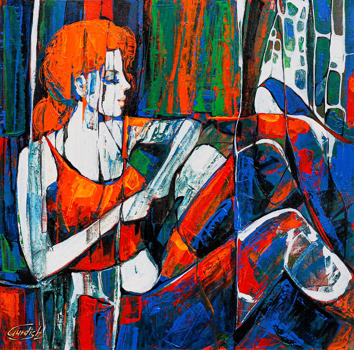 Abstract Portrait Acrylic Painting By Artist Gurdish Pannu, 18 X 18, Woman With Bird, Original Artwork