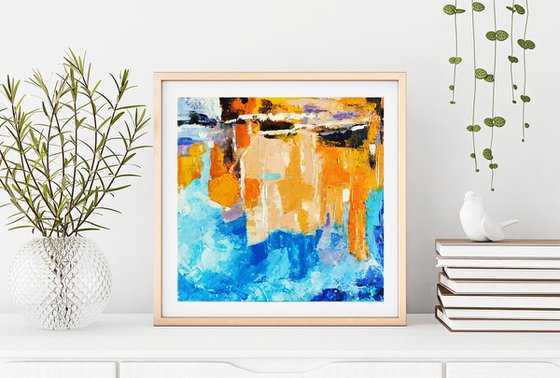 Reflections N 2, Abstract Painting Small Original Art Blue Orange Beige Artwork Multicolor Geometric Wall Art