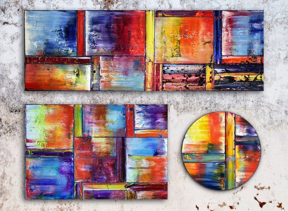 "Meant To Be" - Save $600 As A Series - Original Extra Large PMS Abstract Triptych Oil Paintings On Canvas and Wood - 60" x 44"