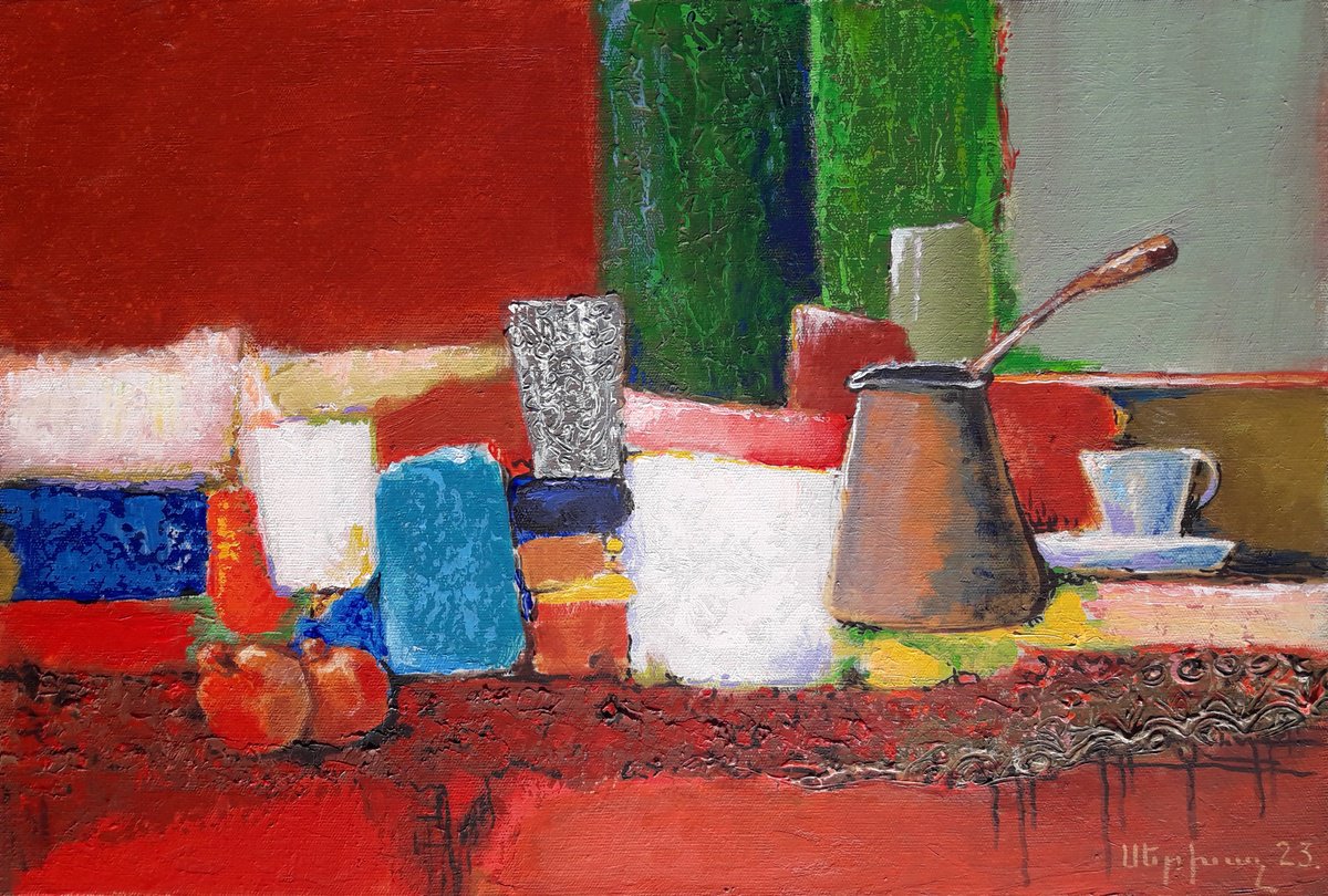 Impressionistic Still Life Oil Painting By Sergey Xachatryan, 24 X 16", Still Life With Cezve, Original Artwork