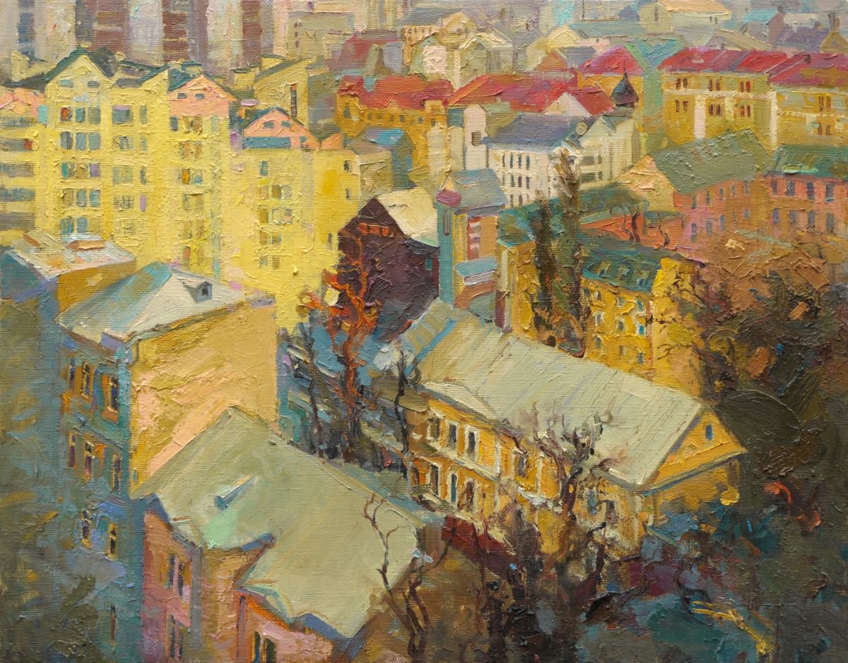 Impressionistic Cityscapes Oil Painting By Victor Onyshchenko, 35 X 28", Podil. Kyiv, Original Artwork