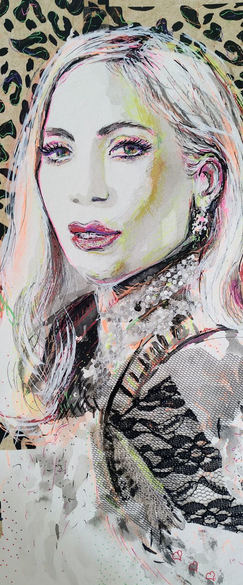 Lady Gaga- Portrait mixed media drawing on paper by Antigoni Tziora