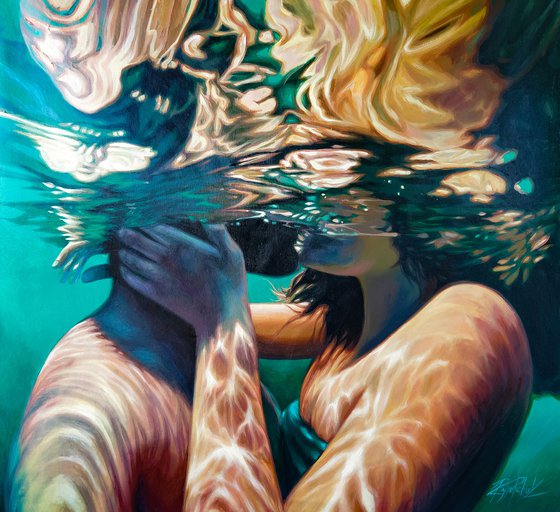 Underwater love story Modern acrylic large underwater painting Seackape Swimming Slow breathing Pleasure Recreation Girl under water Sea waves Wall art Decor Home