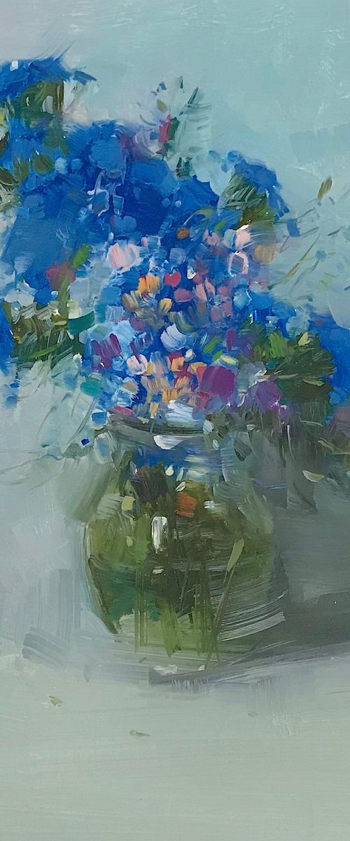 Vase of Blue Flowers, Oil painting, One of a kind, Handmade artwork by Vahe Yeremyan