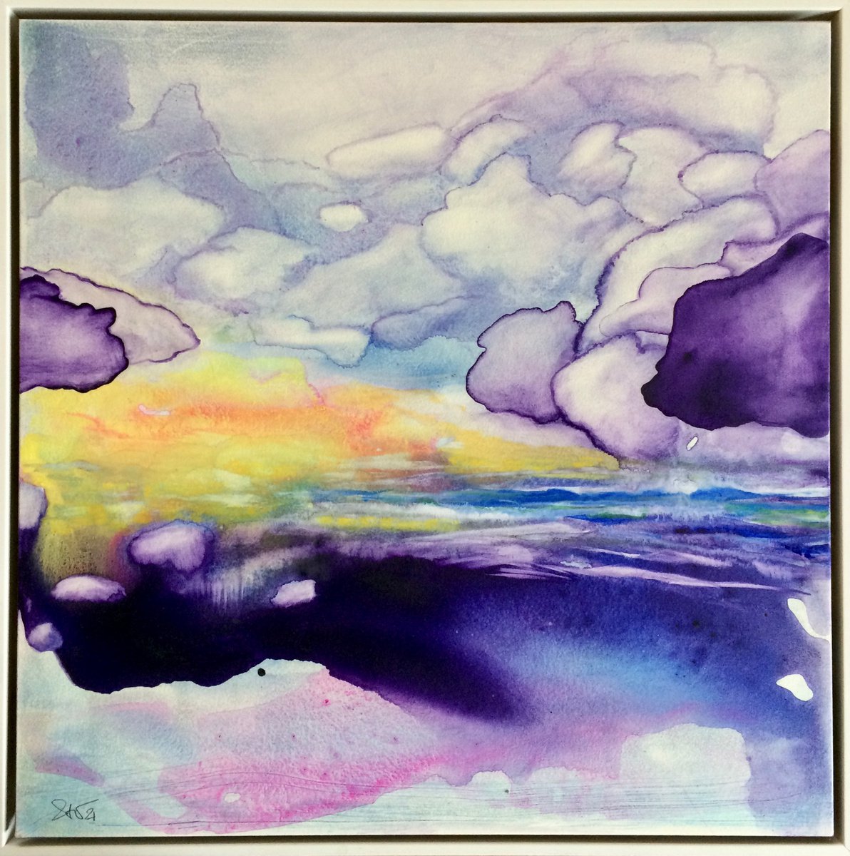 Abstract Landscape Watercolour By Gesa Reuter, 13 X 13, We Did Not See Clouds Coming, Original Artwork