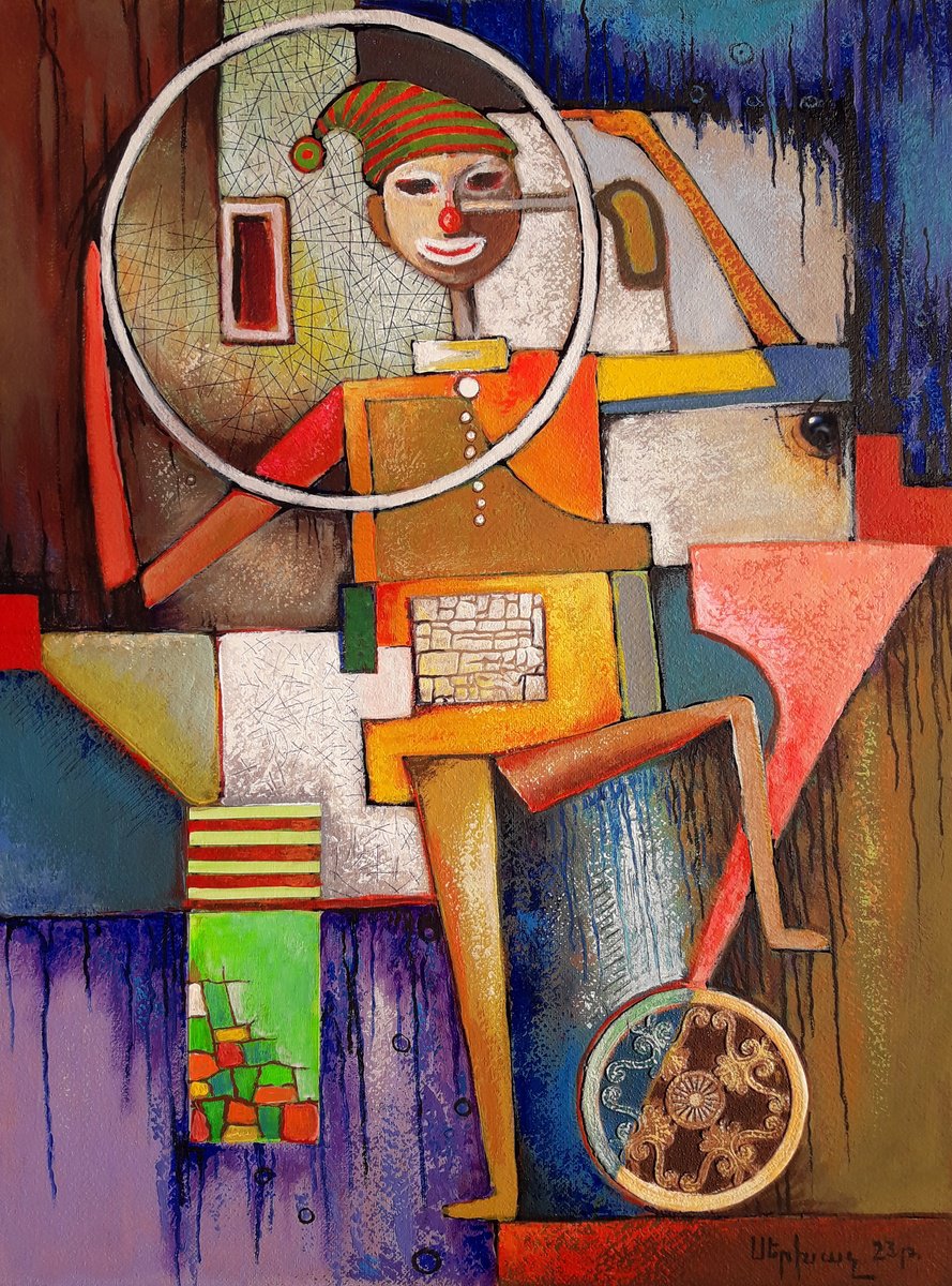 Abstract Portrait Painting By Sergey Xachatryan, 24 X 31", The Clown Of Kings, Original Artwork