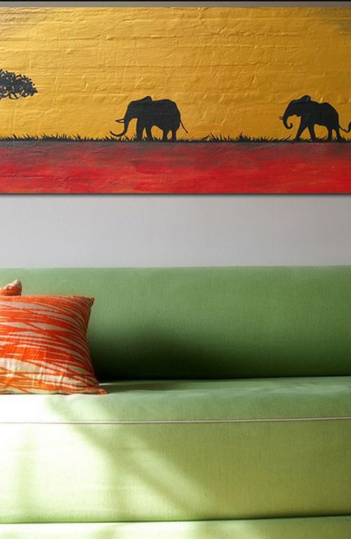 original elephant abstract landscape "elephants of the sudan" africa animal painting art canvas - 120 x 50 cm/ 48 x 20" by Stuart Wright