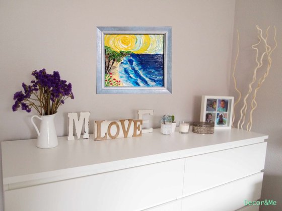 Waves, Sea, Sun, Sky, Summer, framed textured acrylic painting, gift idea,  wall decor