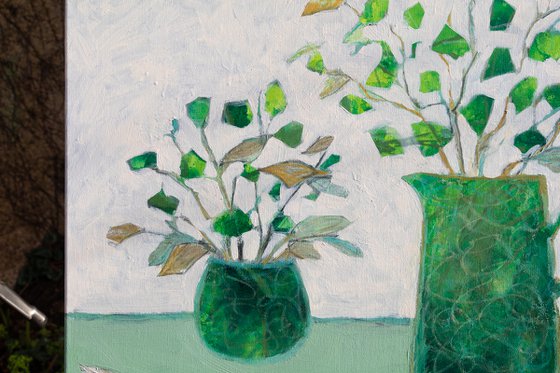 SPECIAL DECORATIVE ART NAIVE STYLE Green pot and jug Fine art Still life Home deco Interior design Wall art Affordable painting