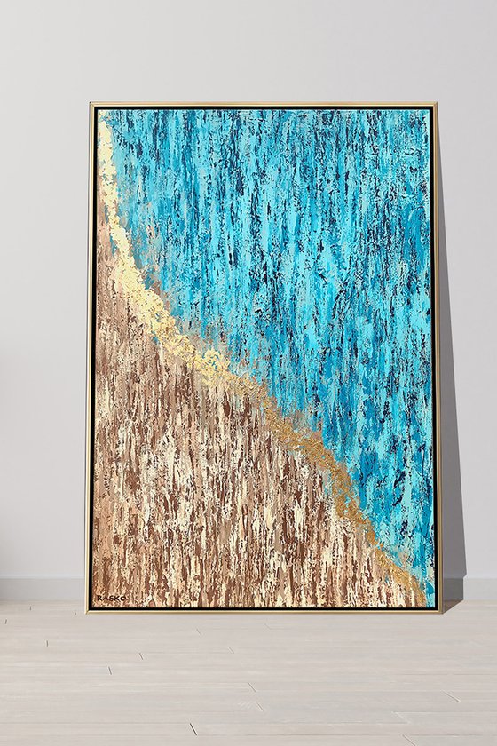 ILUKA - LARGE TEXTURED PAINTING WITH GOLDEN LEAVES 150cm x 100cm