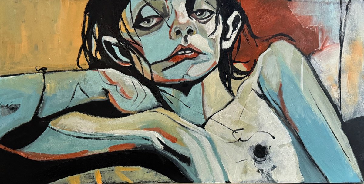 Expressive Portrait Oil Painting By Lola Jovan, 24 X 12", Dolores On Tuesday, Original Artwork