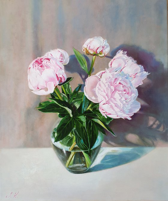 "A bouquet of peonies in a glass vase." still life peony pink summer  white liGHt original painting  GIFT (2020)