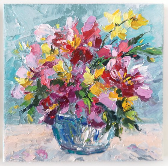 Bright flowers in vase. Impressionist bouquet, Small floral oil painting