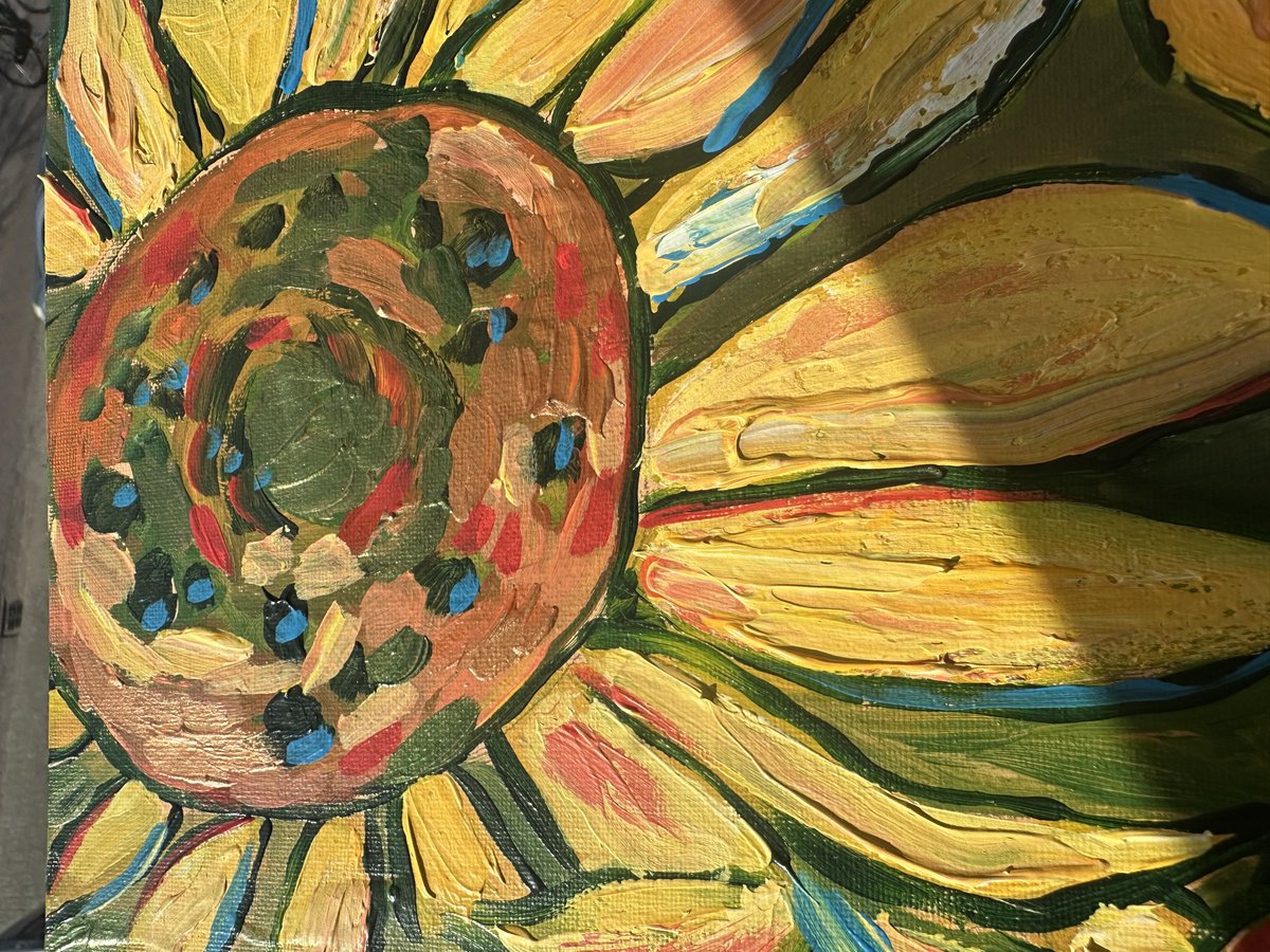 Impressionistic Botanical Acrylic Painting By Oksana Fedorova, 16 X 16", Modern Sunflowers, Original Artwork