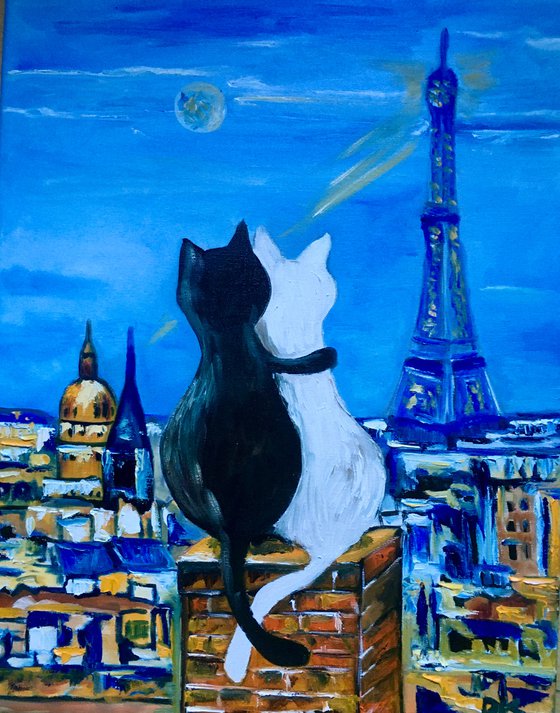 Cats in Paris. Travel to Paris, Parisian roofs , romantic evening.