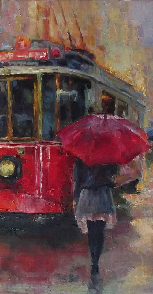 Street, red tram by Vachagan Manukyan
