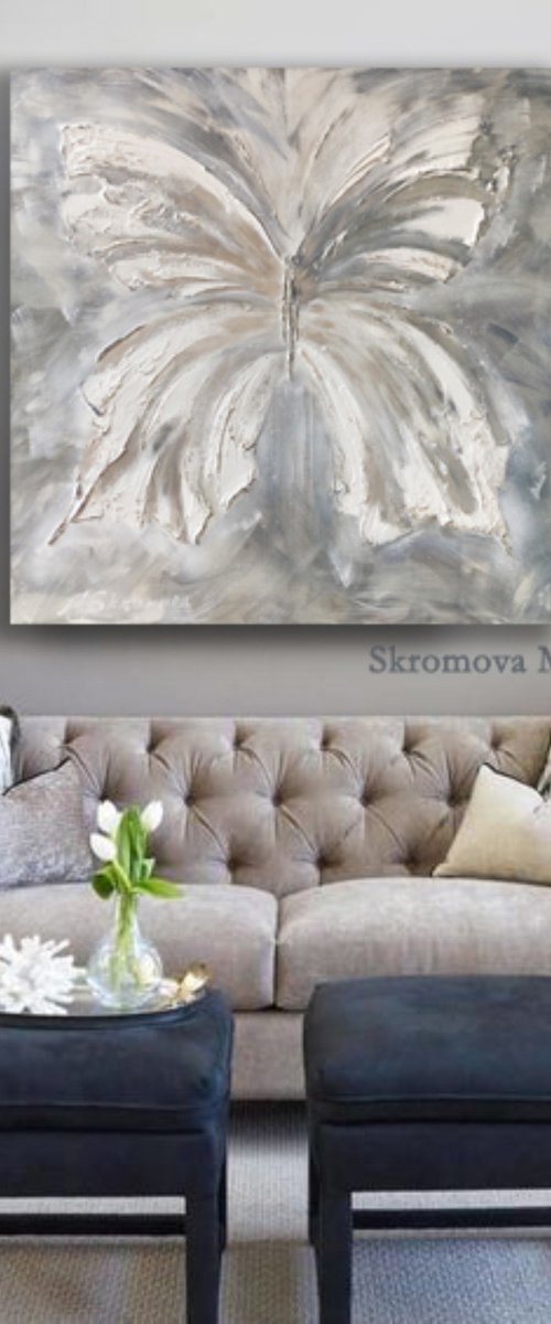 SILVER BUTTERFLY - Abstract light butterfly. Huge white butterfly. Butterfly 3d. Fluttering butterfly. Calmness. Ease. Comfort. Pleasure. by Marina Skromova