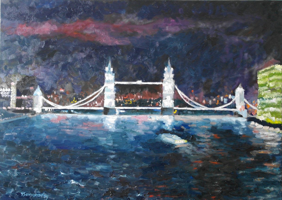 Impressionistic Cityscapes Oil Painting By Juri Semjonov, 28 X 20", London, Night Tower Bridge, Original Artwork