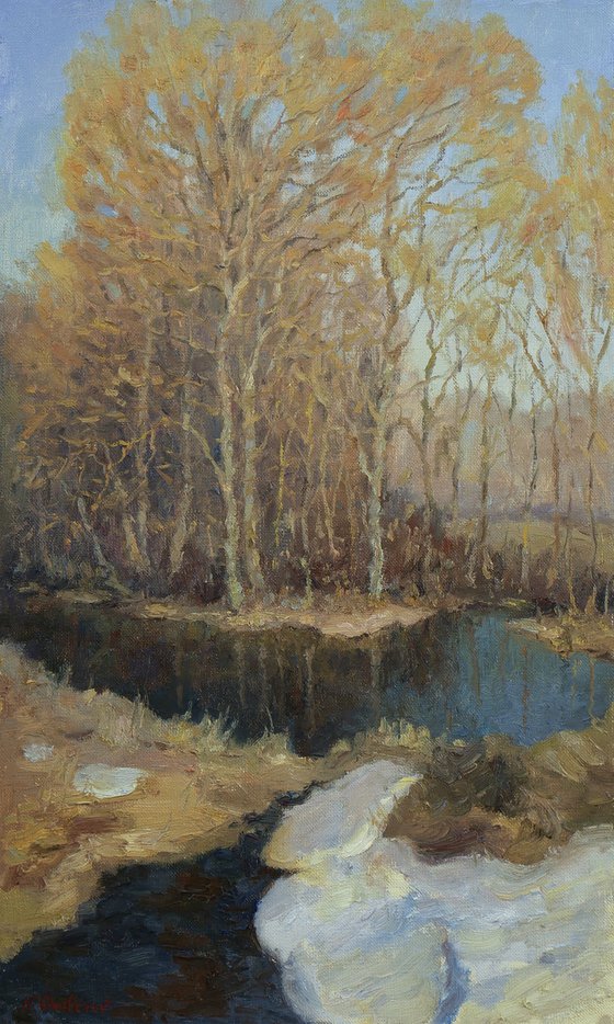 The Sunny March Day - Original Spring River Oil Painting