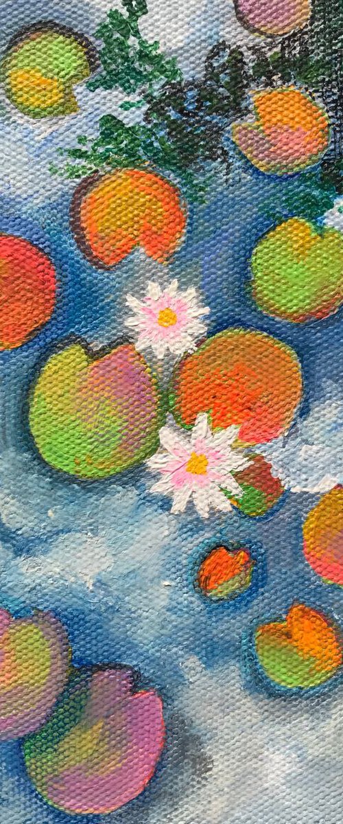 Sky reflections in waterlilies pond! Small Painting!!  Ready to hang by Amita Dand
