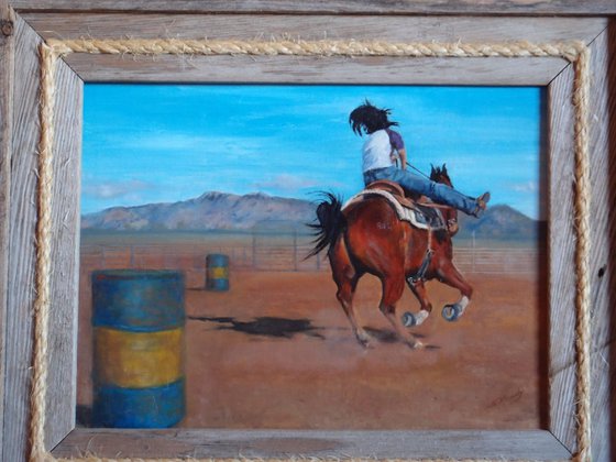 "Go-go Girl" Western art, original oil, vibrant colors of a girl and her horse racing barrels, professionally framed in aged barnwood