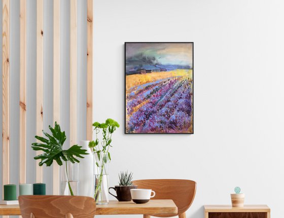 Lavender field. Abstract landscape with lavender field. Very peri painting