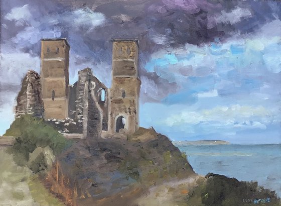 Old towers at Reculver fort, on the north Kent coast. Oil painting